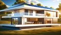 futuristic universal smart home with rooftop solar panel system for renewable energy concept. Royalty Free Stock Photo