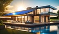 futuristic universal smart home with rooftop solar panel system for renewable energy concept. Royalty Free Stock Photo