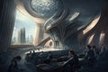 futuristic university building, with students and faculty in classrooms and laboratories, learning the future