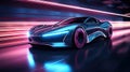 Futuristic unreal sleek electric car with neon energy waves. Futuristic transport technology concept