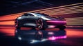 Futuristic unreal sleek electric car with neon energy waves