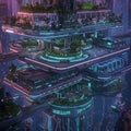 Futuristic urban environment featuring multi-tiered structures with greenery on each Royalty Free Stock Photo