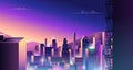 Futuristic urban landscape. Cyberpunk town with neon light and colored reflection digital city buildings vector