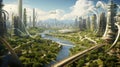 A Futuristic Urban Landscape Fusing Nature and Technology. Generative AI