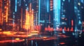Futuristic Urban Landscape with Neon Lights and Digital Visualization in Technology Royalty Free Stock Photo
