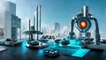 Futuristic urban landscape. Virtual reality. Megapolis with robotic computer technologies. 2025