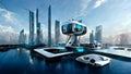 Futuristic urban landscape. Virtual reality. Megapolis with robotic computer technologies. 2025