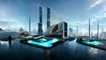 Futuristic urban landscape. Virtual reality. Megapolis with robotic computer technologies. 2025