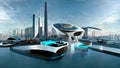 Futuristic urban landscape. Virtual reality. Megapolis with robotic computer technologies. 2025