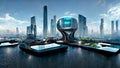 Futuristic urban landscape. Virtual reality. Megapolis with robotic computer technologies. 2025