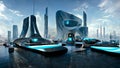 Futuristic urban landscape. Virtual reality. Megapolis with robotic computer technologies. 2025