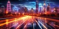 Futuristic urban nightscape with vibrant light trails from traffic in a modern city with skyscrapers and a dynamic sky Royalty Free Stock Photo