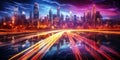 Futuristic urban nightscape with vibrant light trails from traffic in a modern city with skyscrapers and a dynamic sky Royalty Free Stock Photo