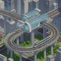 Futuristic urban scene with an elevated train system curving through a city. The train Royalty Free Stock Photo