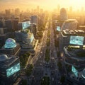 Futuristic urban scene featuring innovative architecture with sleek, curvilinear