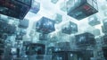 Futuristic urban skyline featuring levitating cubes, symbolizing the idea of a data hub or intricate web of information Royalty Free Stock Photo