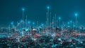 Big Data and Technology Network Visualization Background form a grid over the cityscape Royalty Free Stock Photo