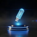 Futuristic USB Flash Drive with Digital Icon Hovering Above Platform Royalty Free Stock Photo