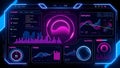Futuristic user-interface dashboard concept with neon accents, holographic panels, smooth rounded elements, dark mode theme Royalty Free Stock Photo