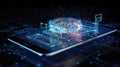 Futuristic user interface hologram on smartphone screen 3D rendering Royalty Free Stock Photo