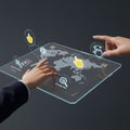 Futuristic user interface with holographic touchscreen overlay. Two hands, one in a Royalty Free Stock Photo