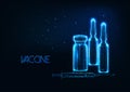 Futuristic vaccine research concept with glowing low polygonal ampules, syringe on dark blue. Royalty Free Stock Photo