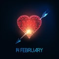 Futuristic Valentines day greeting card with glowing low polyred heart, arrow and text 14 February Royalty Free Stock Photo