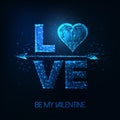 Futuristic Valentines day poster with glowing low polygonal word love, heart symbol and cupid arrow Royalty Free Stock Photo