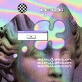 Futuristic vaporwave Simulation slogan print with 3d effect holo grid and distorted retro antique sculpture with PC