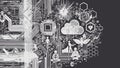 Futuristic vector illustration of digital technology concept featuring abstract circuit board elements, cloud computing