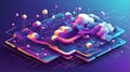 Futuristic Vector of Quantum Computing Nodes and Cloud Networks in Isometric Style Royalty Free Stock Photo