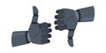 Futuristic vector robotic hands showing thumbs up and thumbs down gestures on white background.