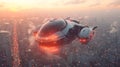 Futuristic vehicle flying over city at sunset Royalty Free Stock Photo