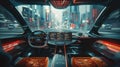 Futuristic vehicle interior with glowing blue controls and neon streets outside Royalty Free Stock Photo
