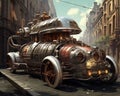 Futuristic vehicles driving fast in a war-like city steampunk mood.