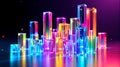 A futuristic and vibrant digital artwork featuring a cityscape composed of glowing, transparent, multicolored rectangular prisms