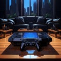 Futuristic Video Game Console on Wooden Coffee Table