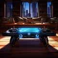 Futuristic Video Game Console on Wooden Coffee Table