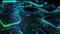 Neon-Lit Computer Motherboard with Circuit Tracks and Chips Royalty Free Stock Photo