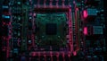 Neon-Lit Computer Motherboard with Circuit Tracks and Chips Royalty Free Stock Photo