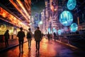 Futuristic view of the night city of the future. Blurred people walk along the streets, everything around is illuminated Royalty Free Stock Photo