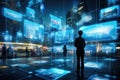 Futuristic view of the night city of the future. Blurred people walk along the streets, everything around is illuminated