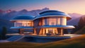 Futuristic villa in the mountains in spring evening with lights on and stairs in the yard Royalty Free Stock Photo