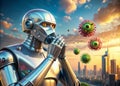 Futuristic Viral Outbreak A Panoramic View of a Sick Robot Blowing Its Nose Unveiling a Potential Technological Crisis