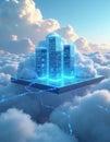 Futuristic virtual cloud computing infrastructure. City of virtual machines floats above clouds. Resource allocation system in