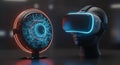 Futuristic Virtual Reality Headset with Digital Interface and Mannequin Head in Dark Environment Royalty Free Stock Photo