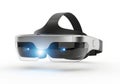 Futuristic virtual reality headset with glowing blue lights isolated on white background Royalty Free Stock Photo