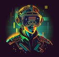 Futuristic virtual reality or metaverse concept illustration with teenager in virtual reality gaming goggles or mask silhouette on