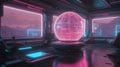 Futuristic Virtual Reality Room with Neon Lighting and Pink Holographic Globe Royalty Free Stock Photo
