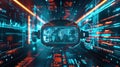 Futuristic virtual reality VR headset displaying a digital world map and global data analytics in a high-tech neon server room Royalty Free Stock Photo